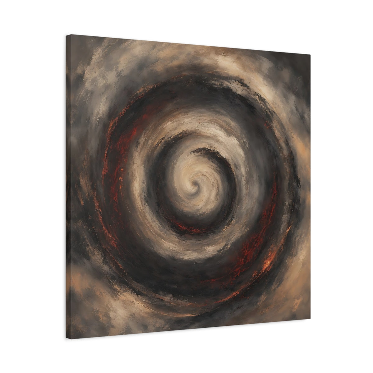 Side Mockup 3. Abstract Spiral Brown Red Swirl shown as stretched canvas wall art