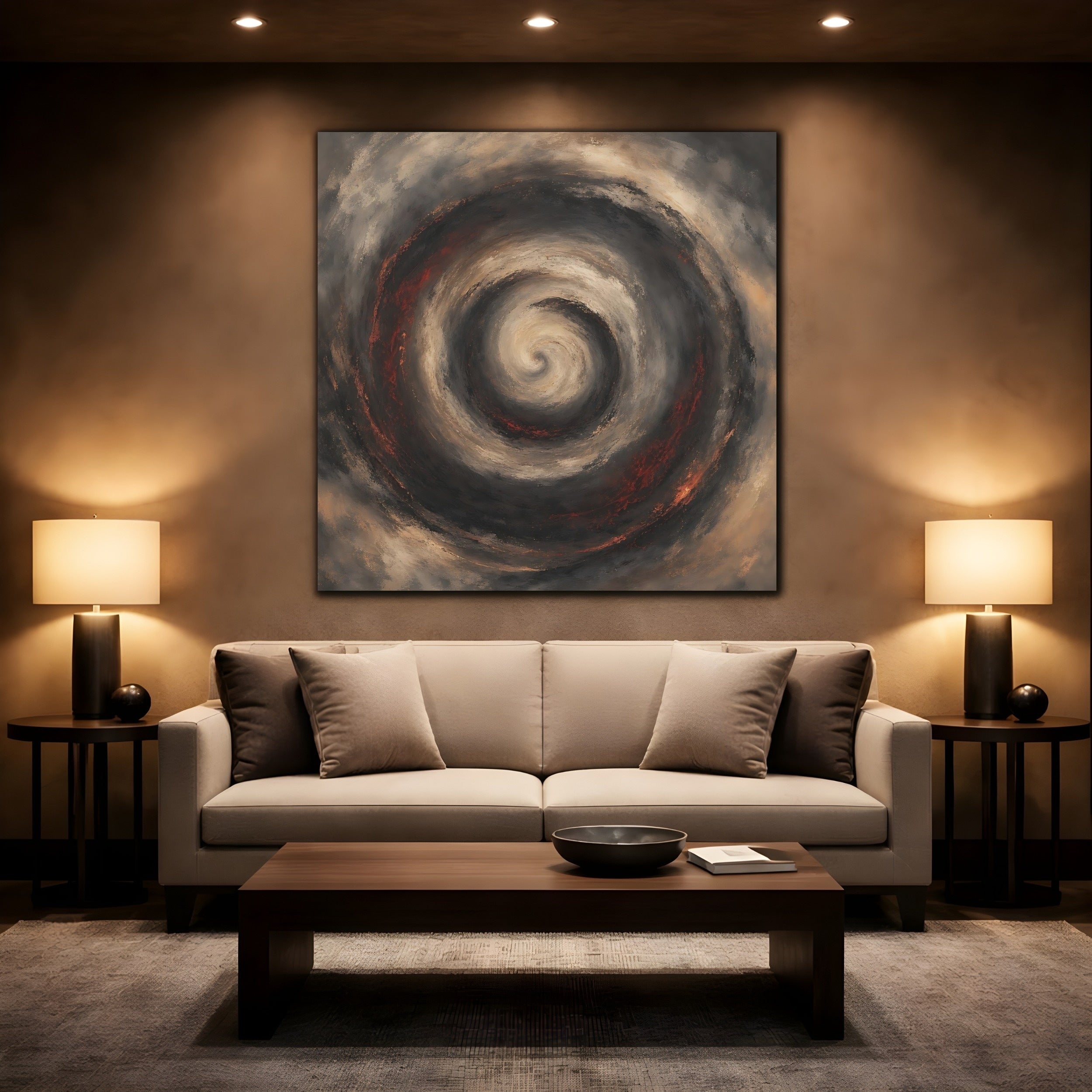 Mockup 2. Abstract Spiral Brown Red Swirl shown as stretched canvas wall art