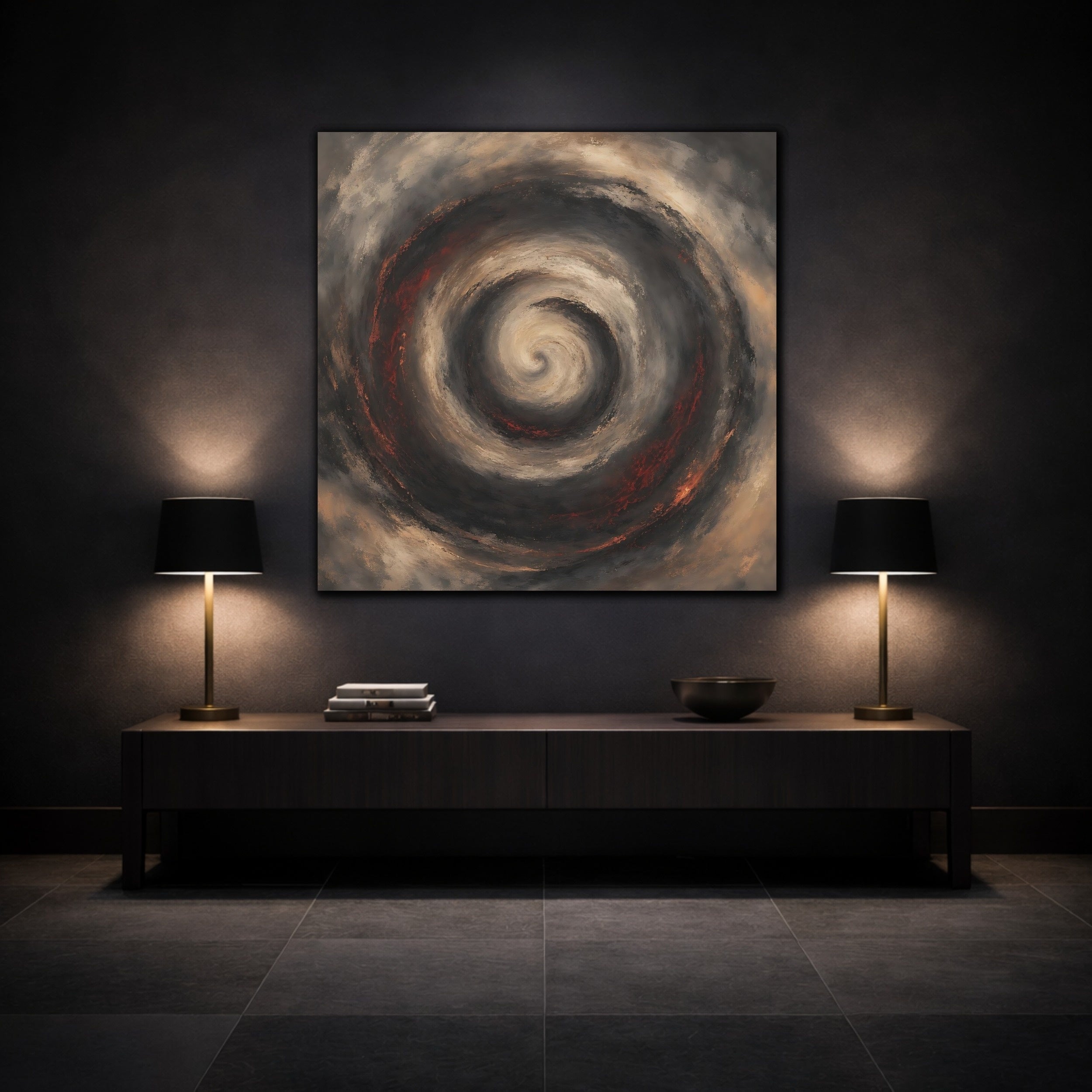 Mockup 3. Abstract Spiral Brown Red Swirl shown as stretched canvas wall art