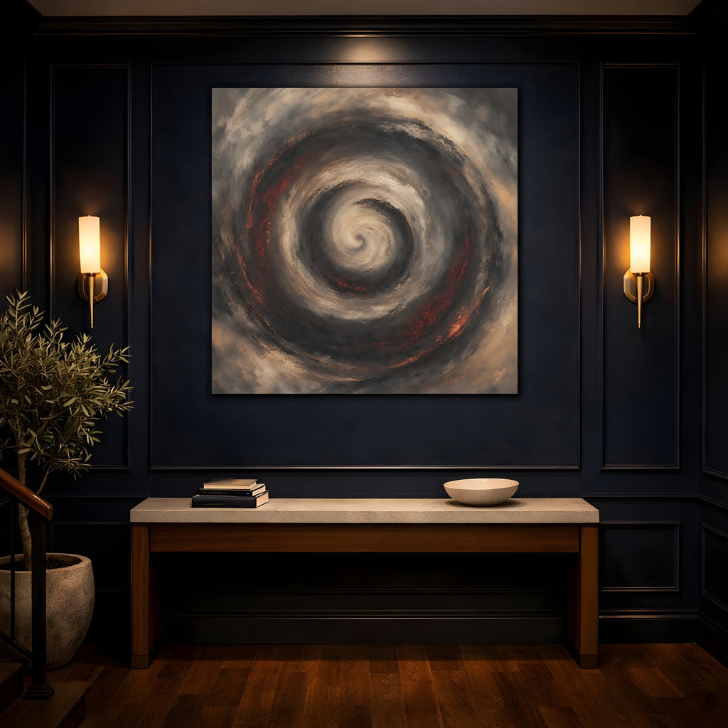 Mockup 4. Abstract Spiral Brown Red Swirl shown as stretched canvas wall art