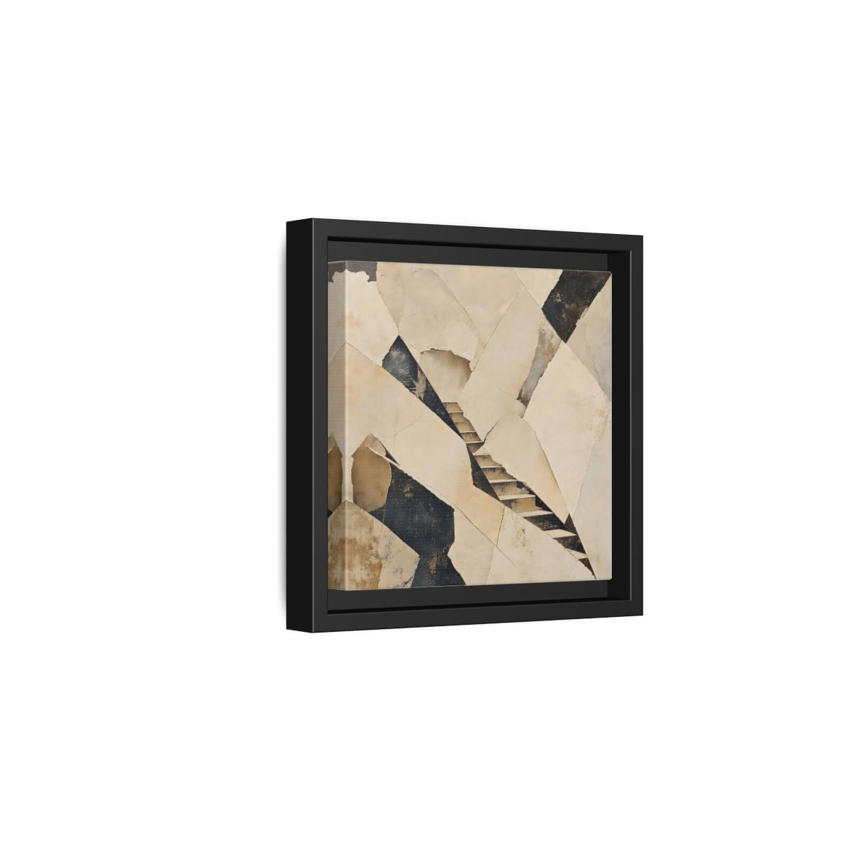 Side Mockup 3. Abstract Stairs Beige And Black shown as stretched canvas wall art