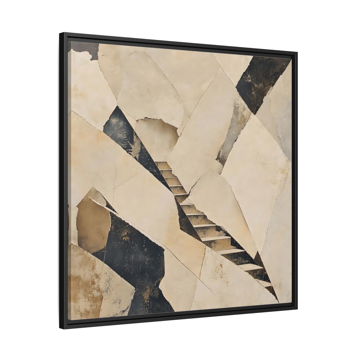 Side Mockup 30. Abstract Stairs Beige And Black shown as stretched canvas wall art