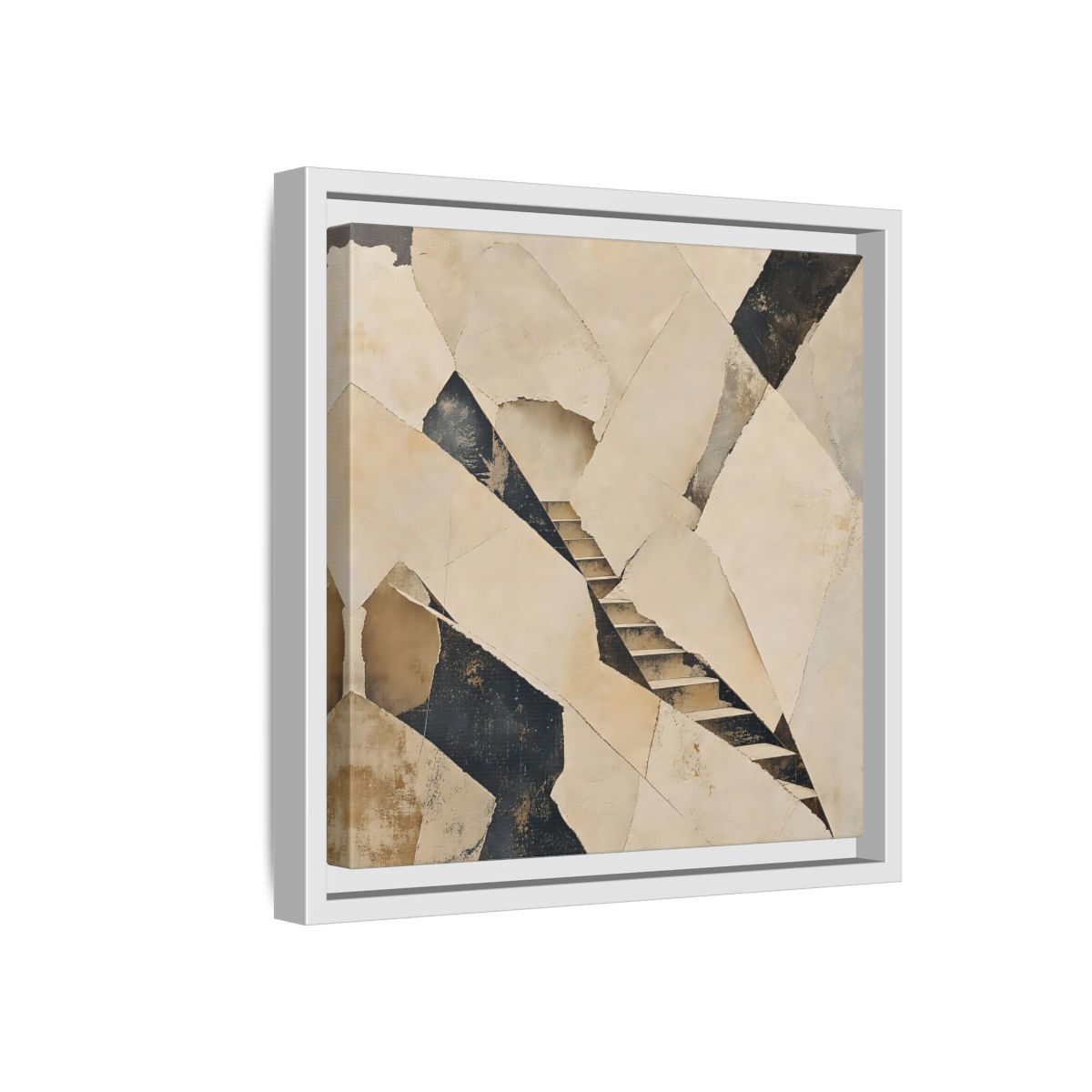 Side Mockup 16. Abstract Stairs Beige And Black shown as stretched canvas wall art