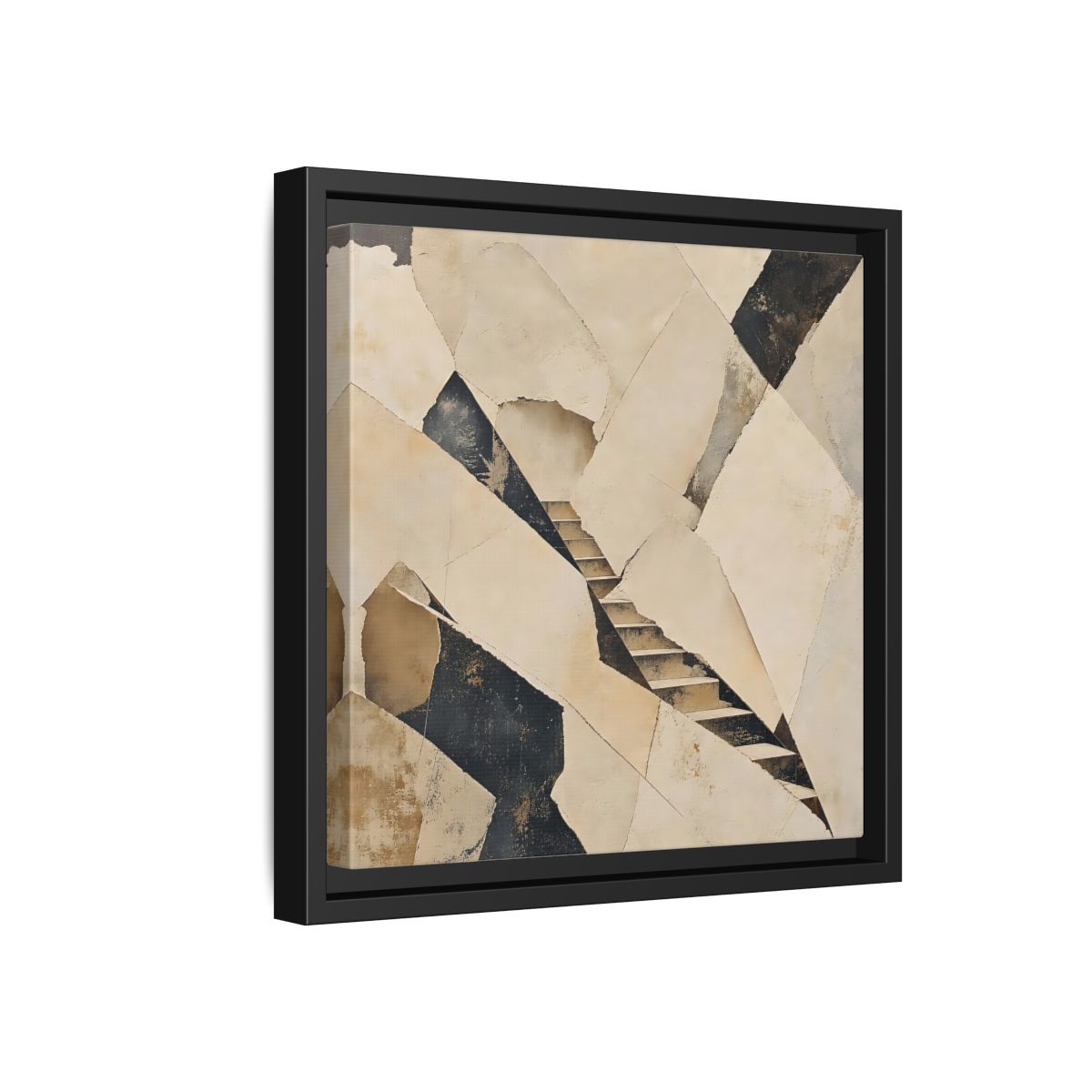 Side Mockup 18. Abstract Stairs Beige And Black shown as stretched canvas wall art