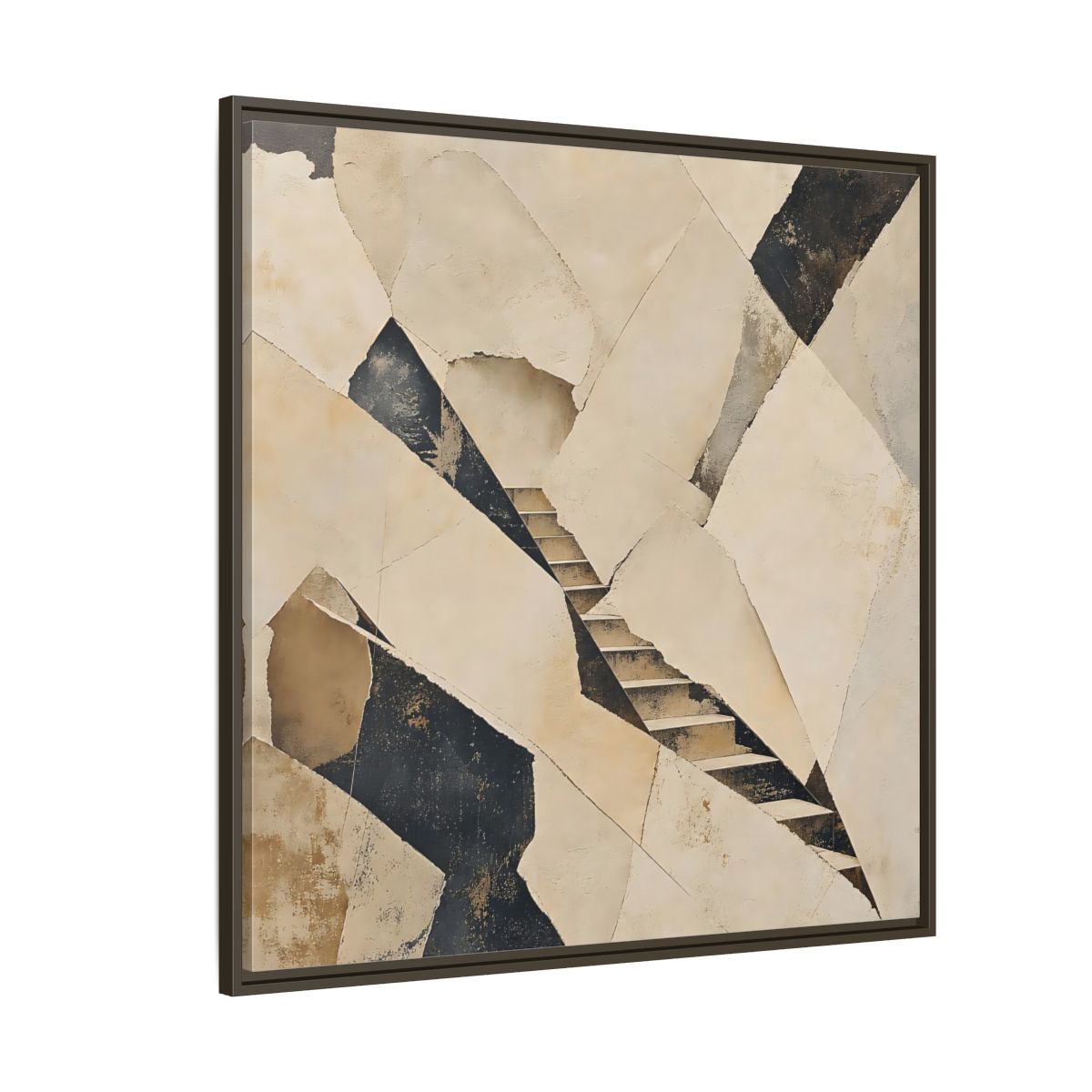 Side Mockup 5. Abstract Stairs Beige And Black shown as stretched canvas wall art