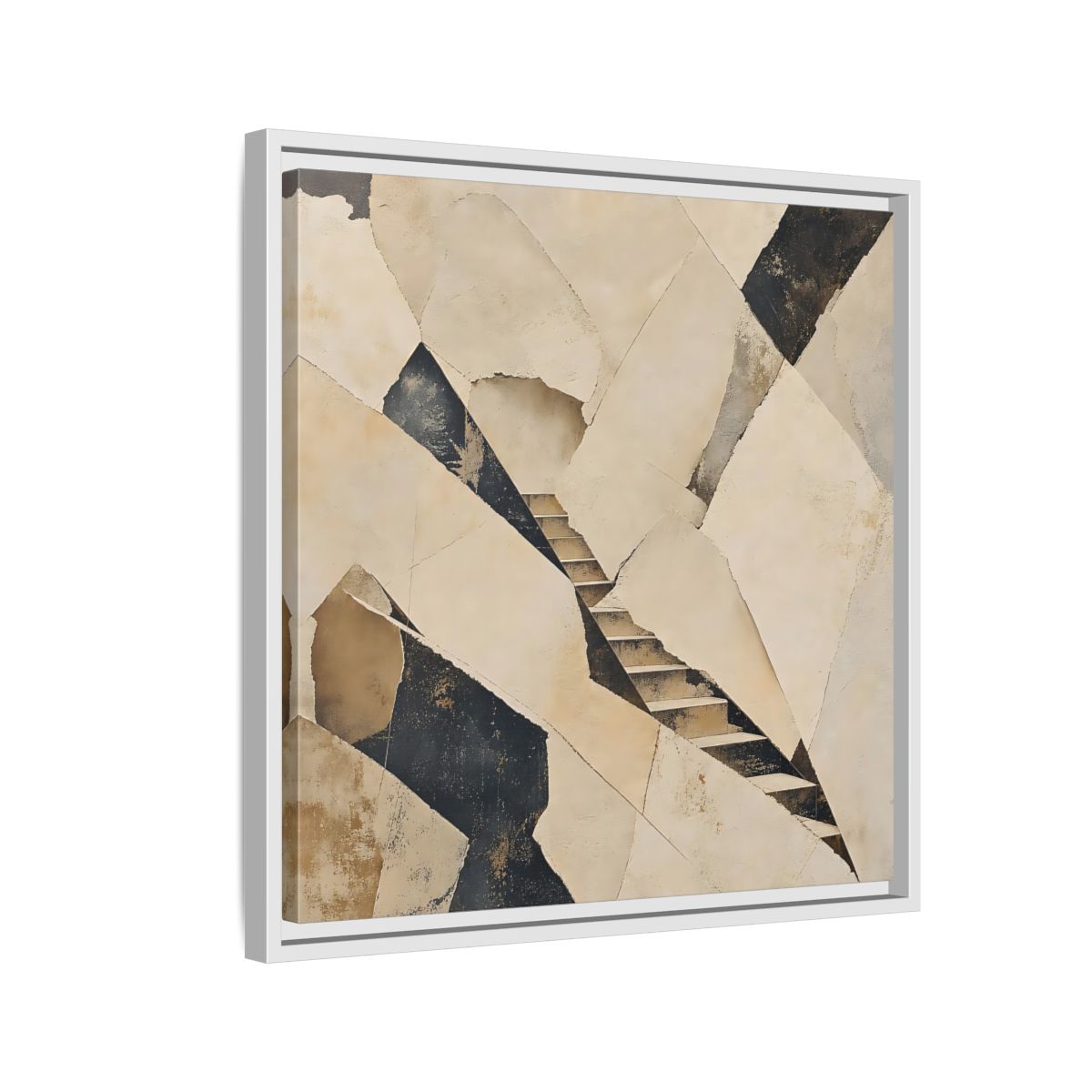 Side Mockup 10. Abstract Stairs Beige And Black shown as stretched canvas wall art