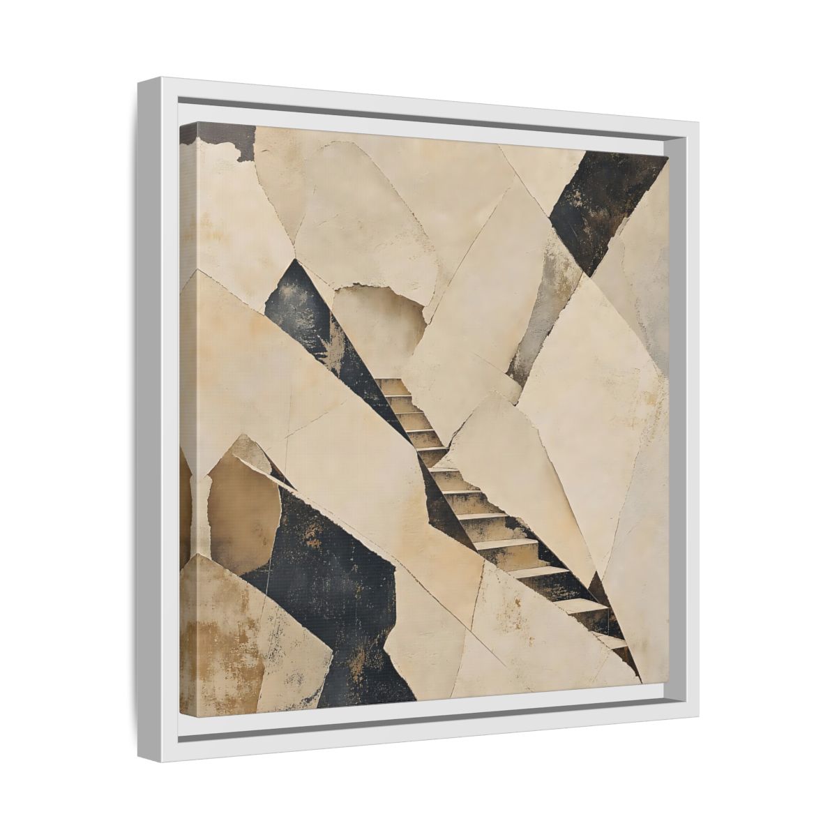Side Mockup 28. Abstract Stairs Beige And Black shown as stretched canvas wall art