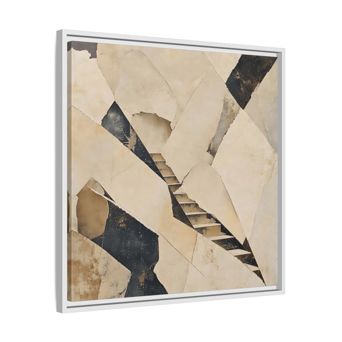 Side Mockup 26. Abstract Stairs Beige And Black shown as stretched canvas wall art