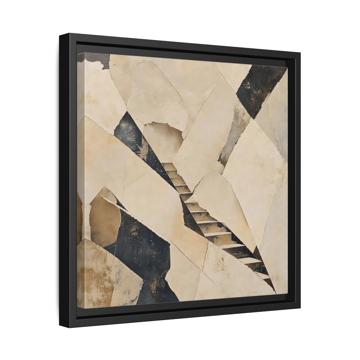 Side Mockup 32. Abstract Stairs Beige And Black shown as stretched canvas wall art