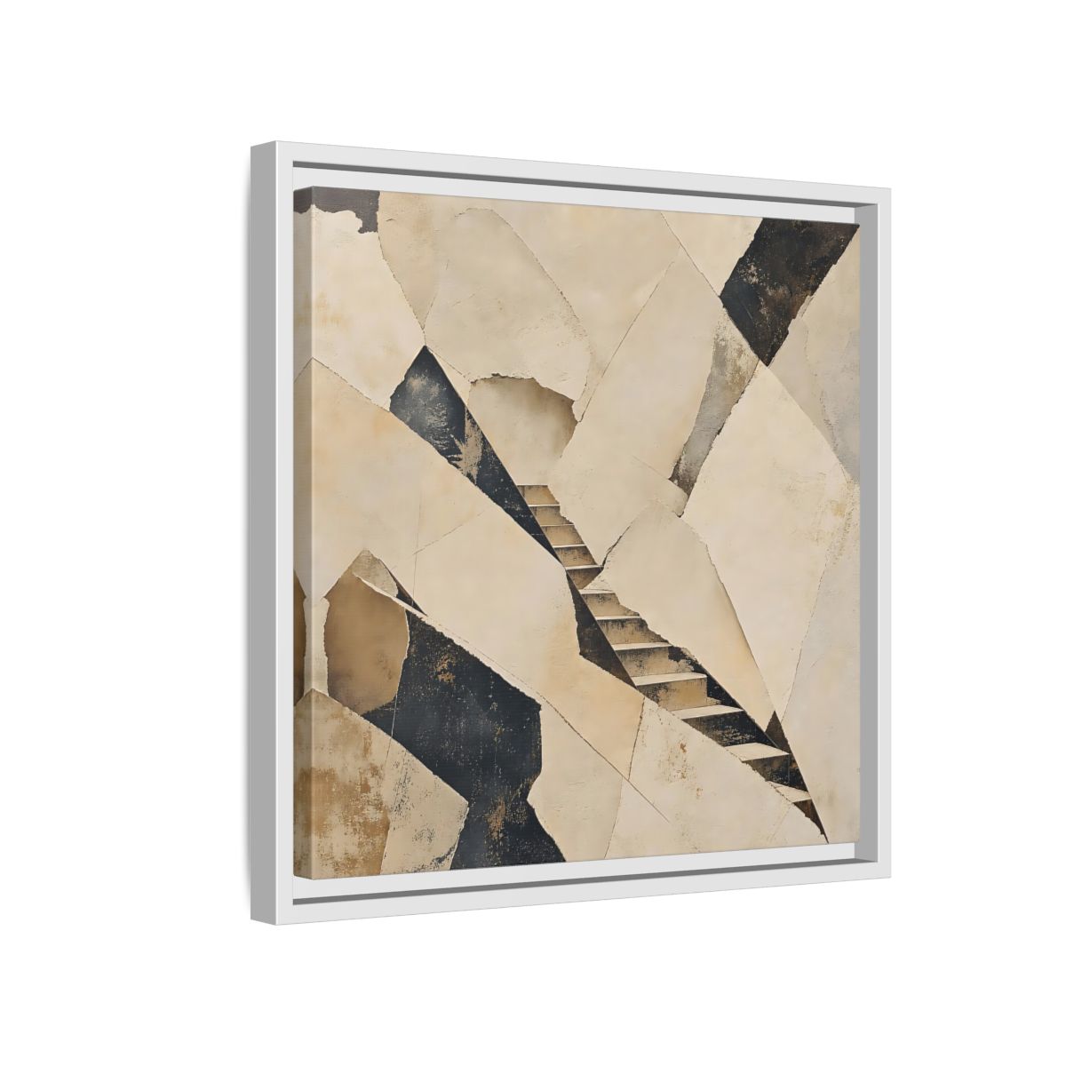 Side Mockup 13. Abstract Stairs Beige And Black shown as stretched canvas wall art