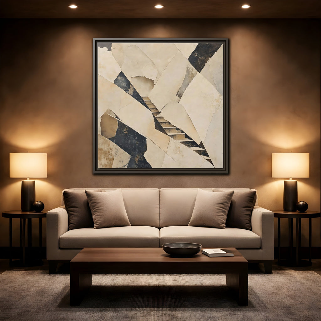 Mockup 2. Abstract Stairs Beige And Black shown as stretched canvas wall art
