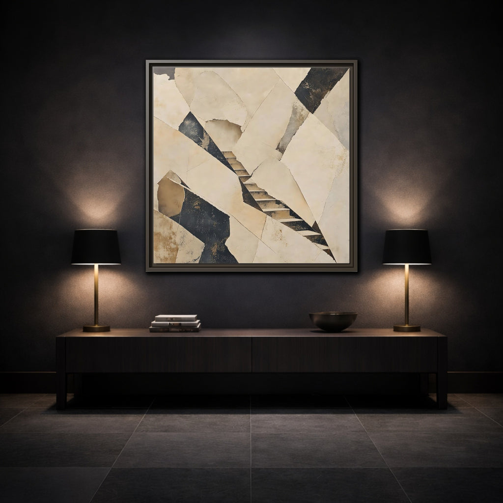Mockup 3. Abstract Stairs Beige And Black shown as stretched canvas wall art