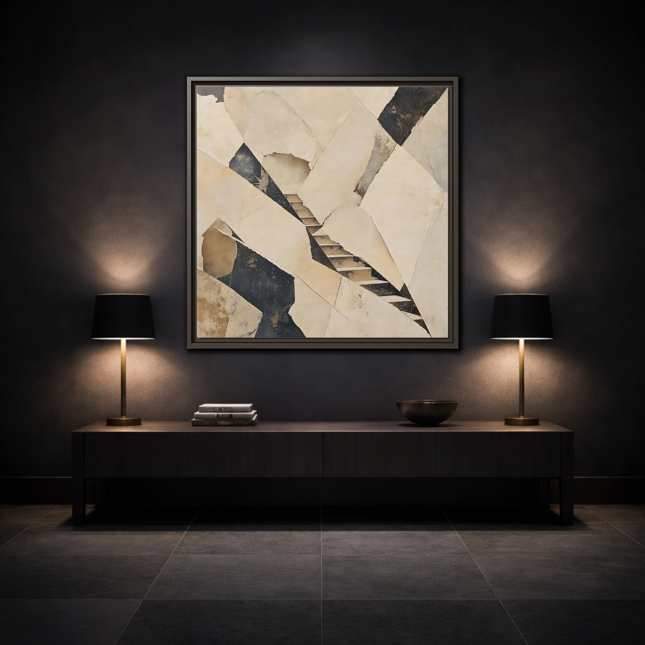 Mockup 3. Abstract Stairs Beige And Black shown as stretched canvas wall art