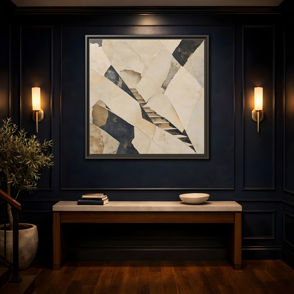 Mockup 4. Abstract Stairs Beige And Black shown as stretched canvas wall art