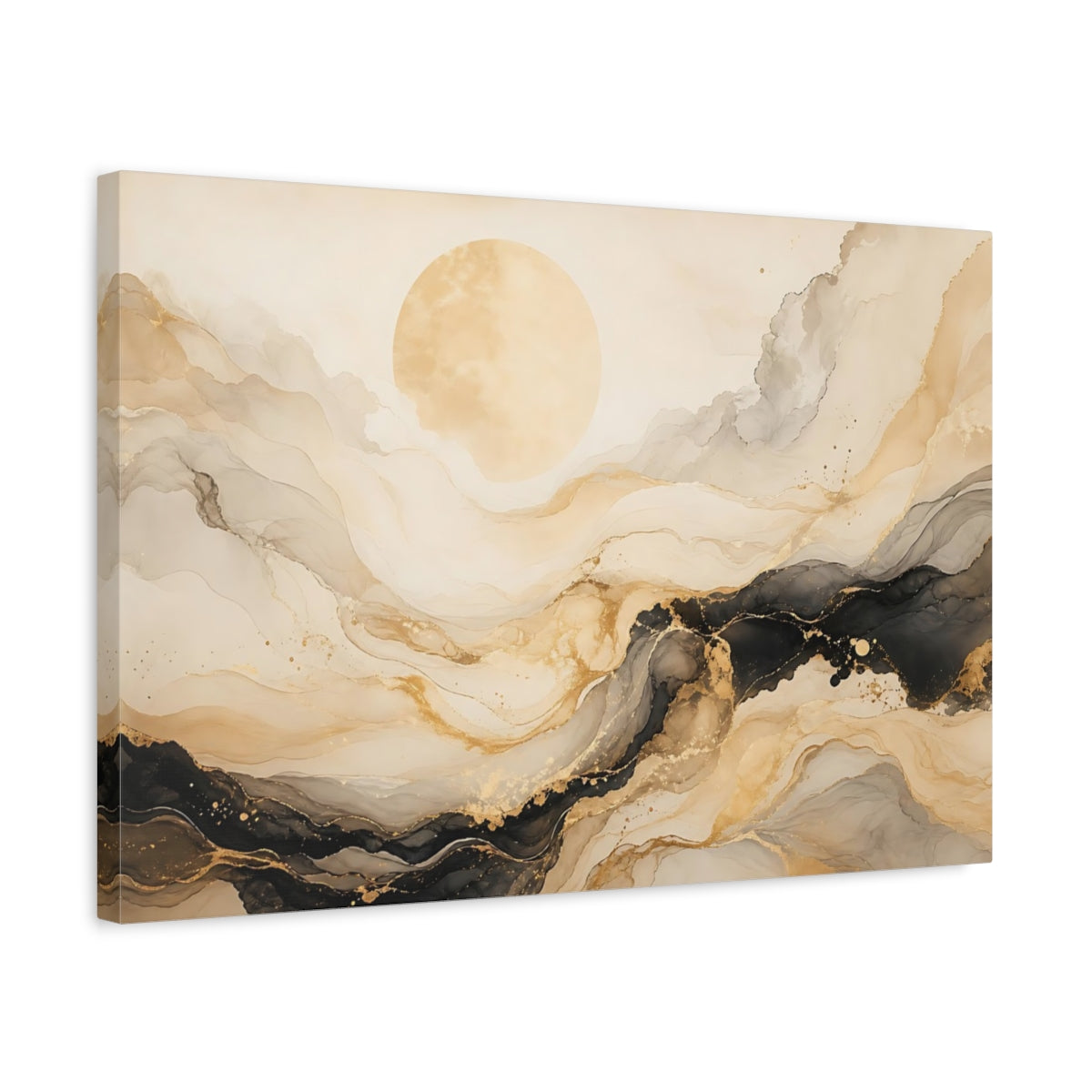 Side Mockup 3. Abstract Abstract Sun Gold And Black shown as stretched canvas wall art