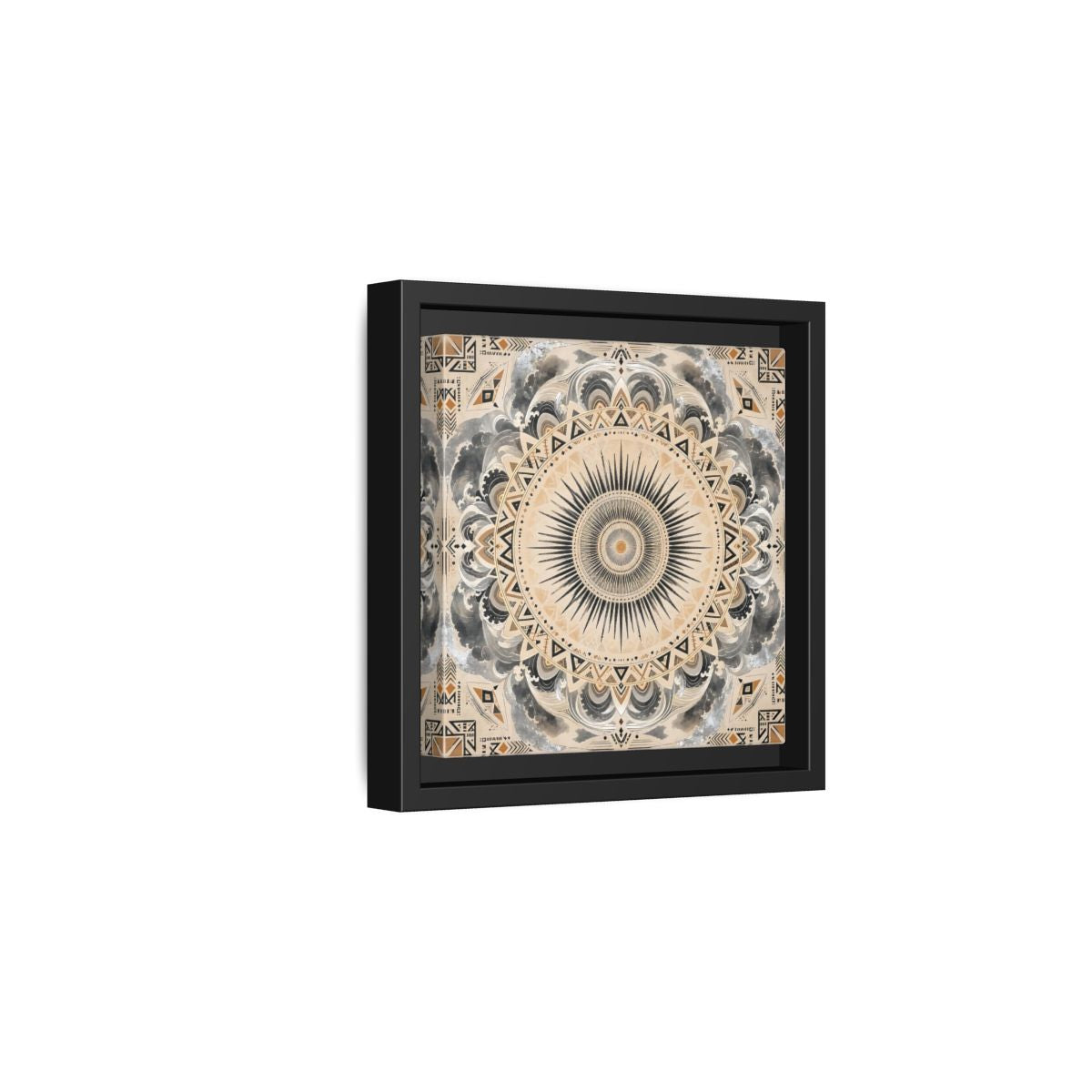 Side Mockup 3. Abstract Sunburst Mandala Black Gold Mandala shown as stretched canvas wall art