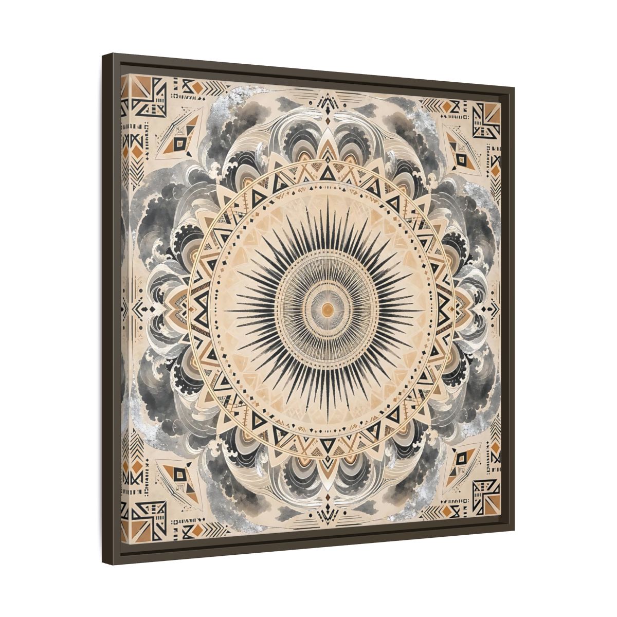 Side Mockup 27. Abstract Sunburst Mandala Black Gold Mandala shown as stretched canvas wall art