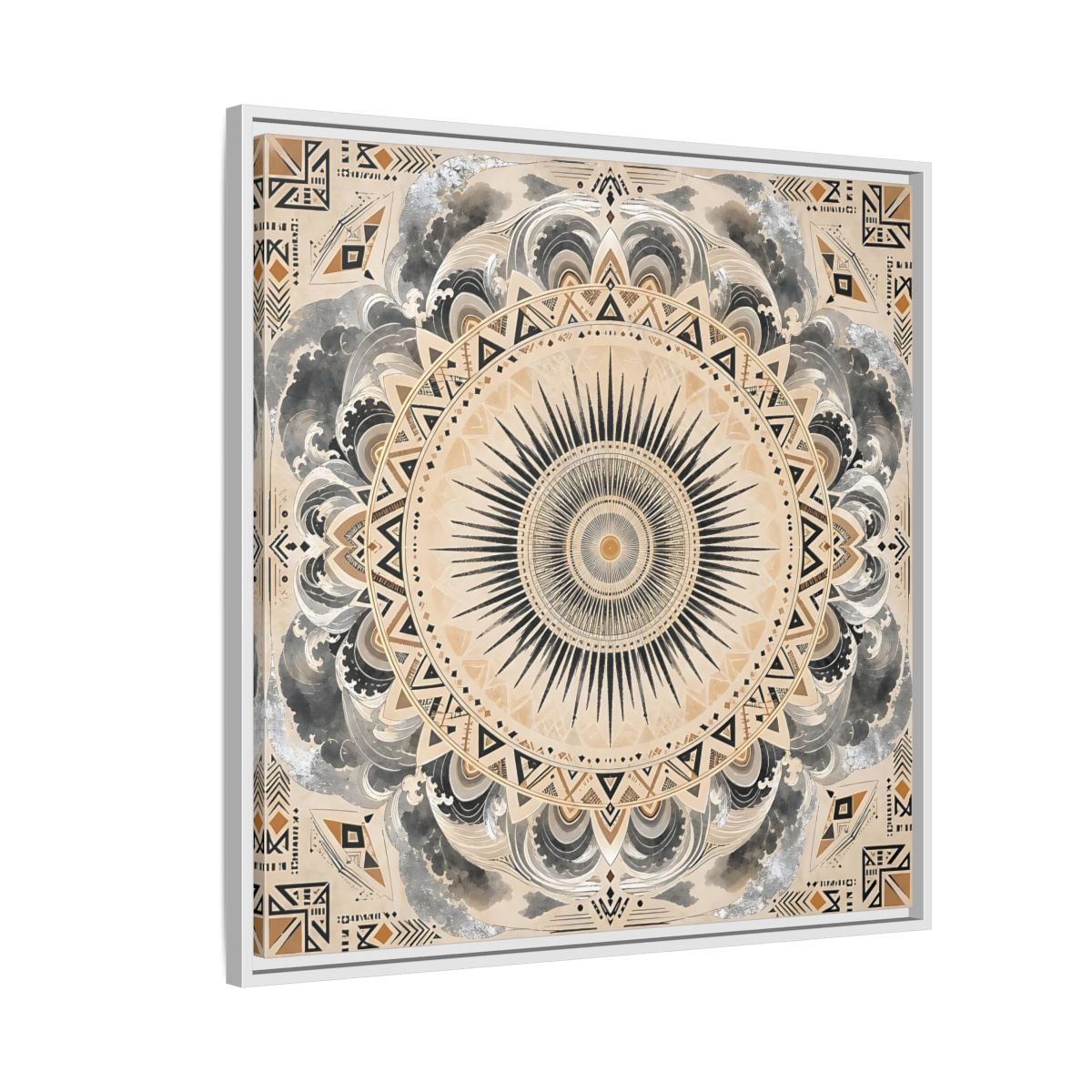 Side Mockup 7. Abstract Sunburst Mandala Black Gold Mandala shown as stretched canvas wall art