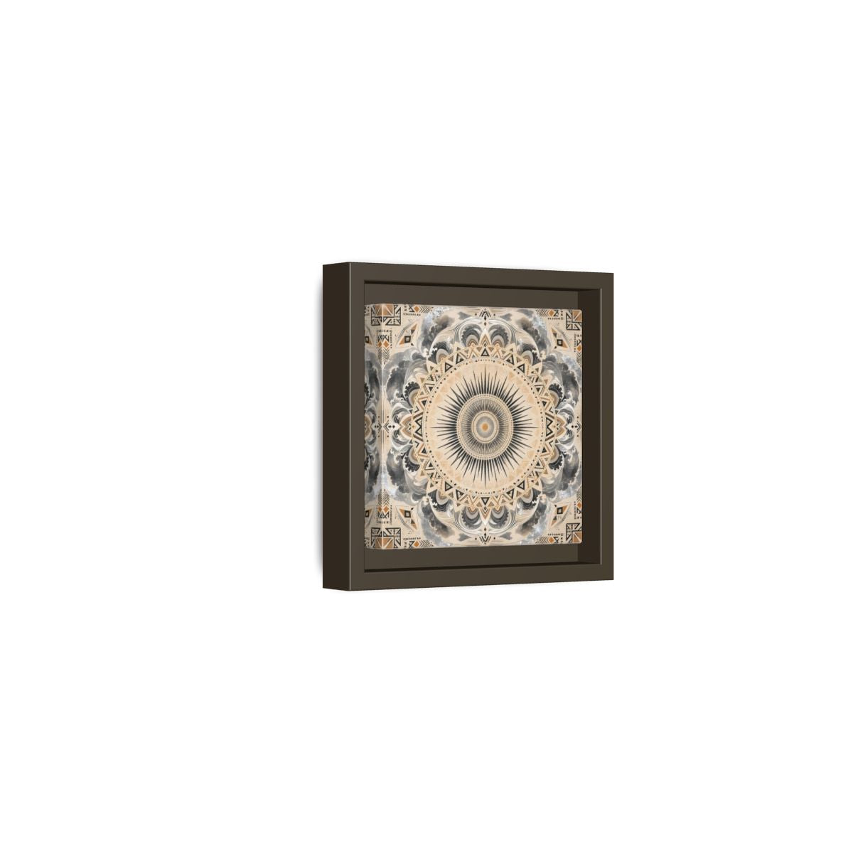 Side Mockup 23. Abstract Sunburst Mandala Black Gold Mandala shown as stretched canvas wall art