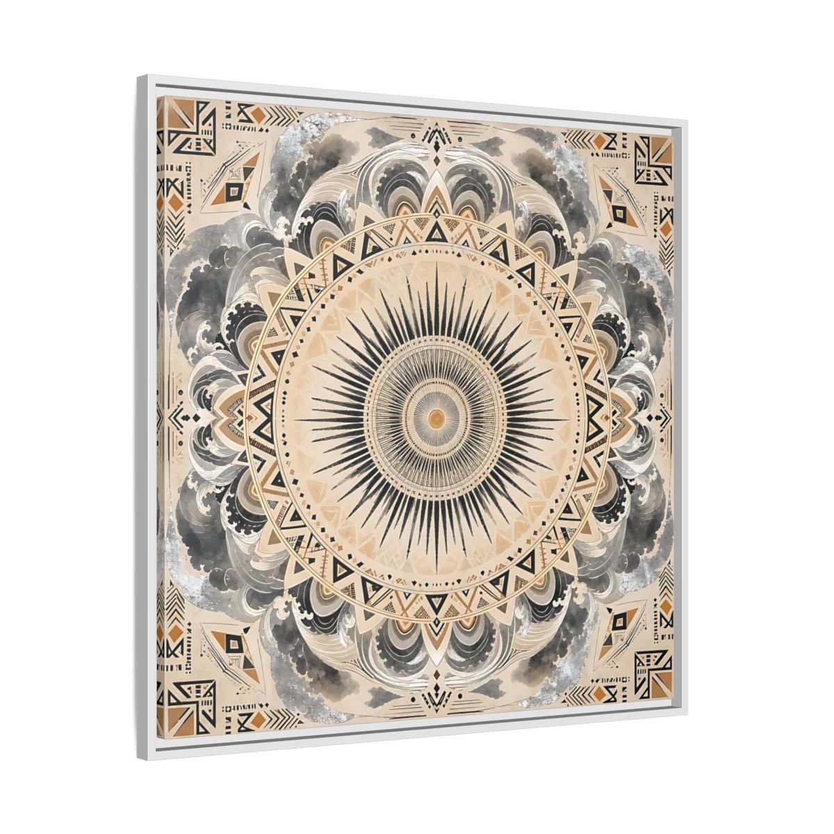 Side Mockup 25. Abstract Sunburst Mandala Black Gold Mandala shown as stretched canvas wall art