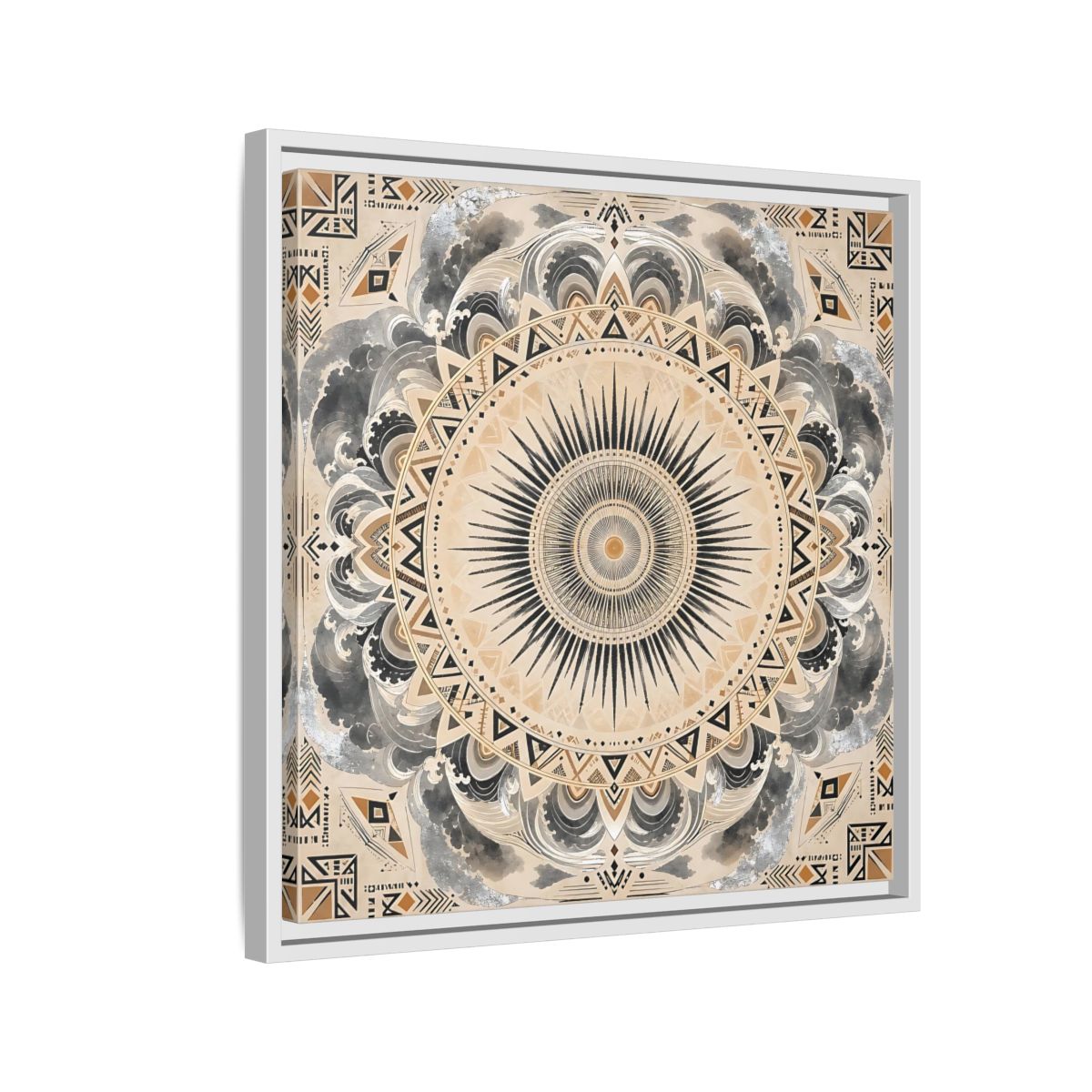 Side Mockup 10. Abstract Sunburst Mandala Black Gold Mandala shown as stretched canvas wall art