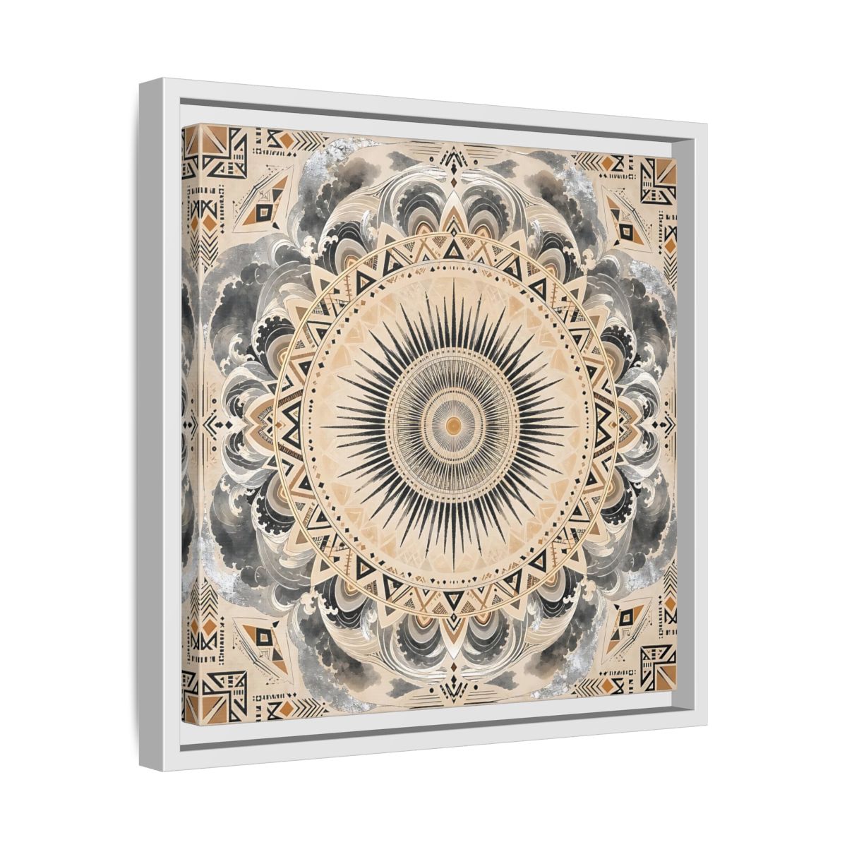 Side Mockup 28. Abstract Sunburst Mandala Black Gold Mandala shown as stretched canvas wall art
