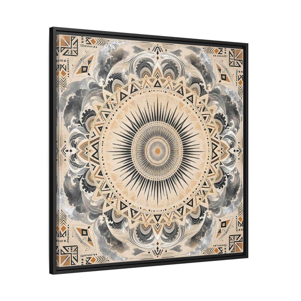 Side Mockup 30. Abstract Sunburst Mandala Black Gold Mandala shown as stretched canvas wall art