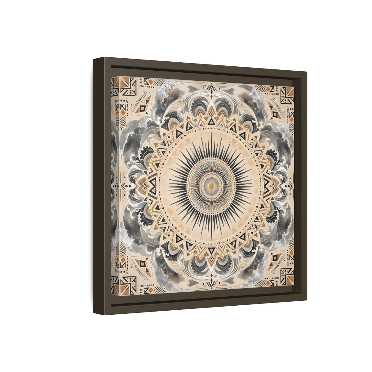 Side Mockup 17. Abstract Sunburst Mandala Black Gold Mandala shown as stretched canvas wall art