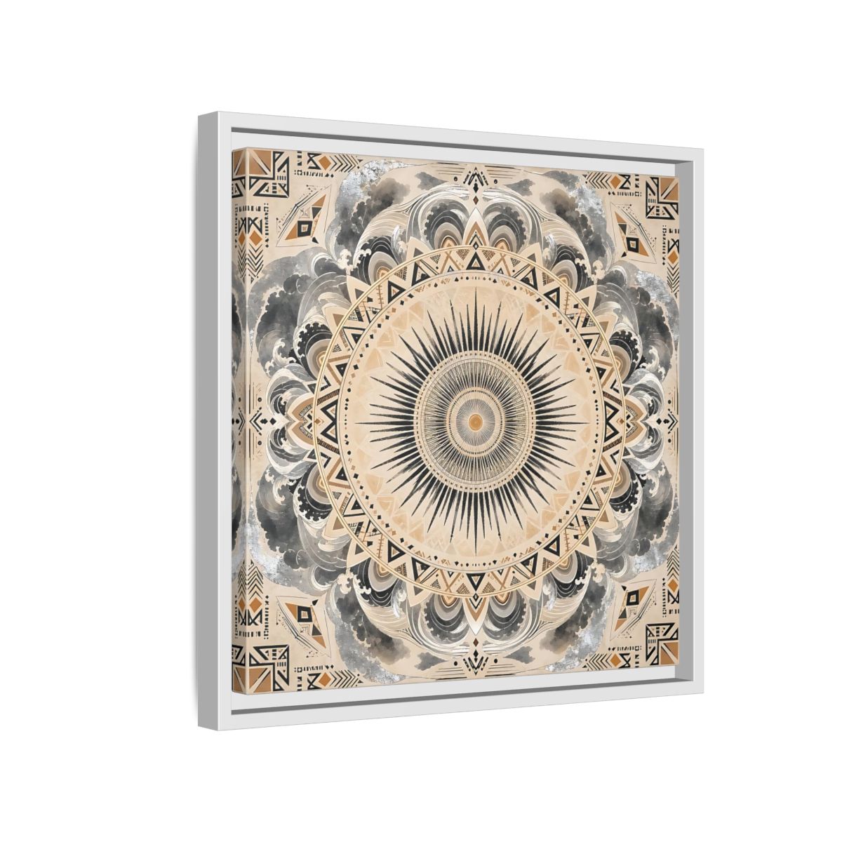 Side Mockup 13. Abstract Sunburst Mandala Black Gold Mandala shown as stretched canvas wall art