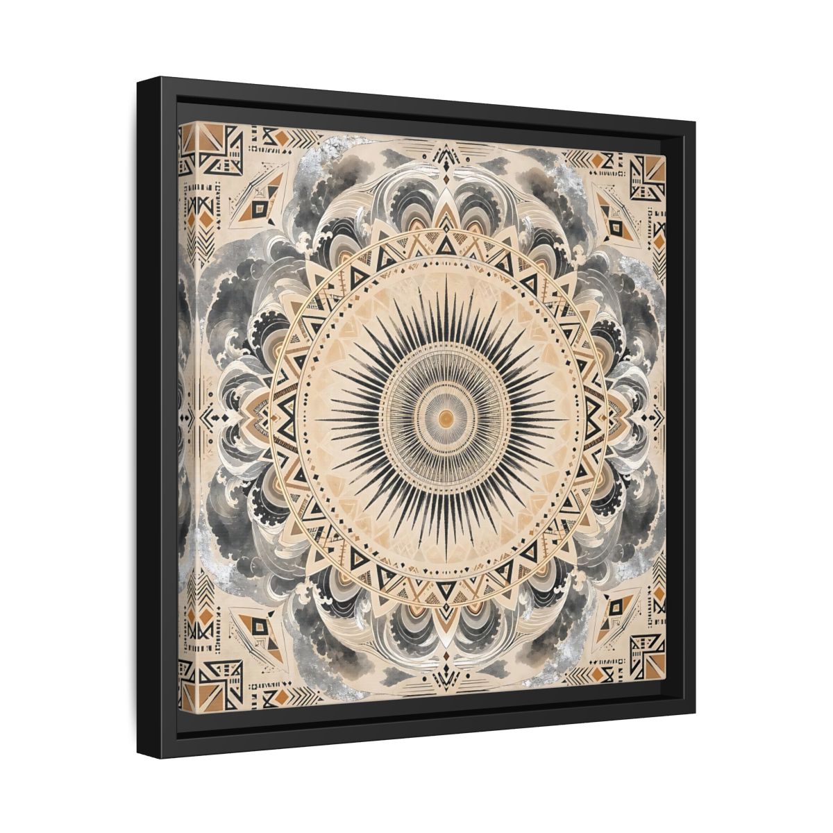 Side Mockup 32. Abstract Sunburst Mandala Black Gold Mandala shown as stretched canvas wall art