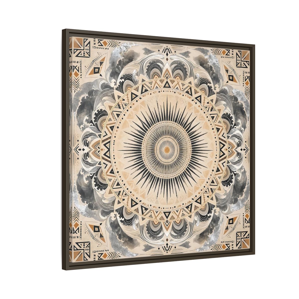 Side Mockup 8. Abstract Sunburst Mandala Black Gold Mandala shown as stretched canvas wall art