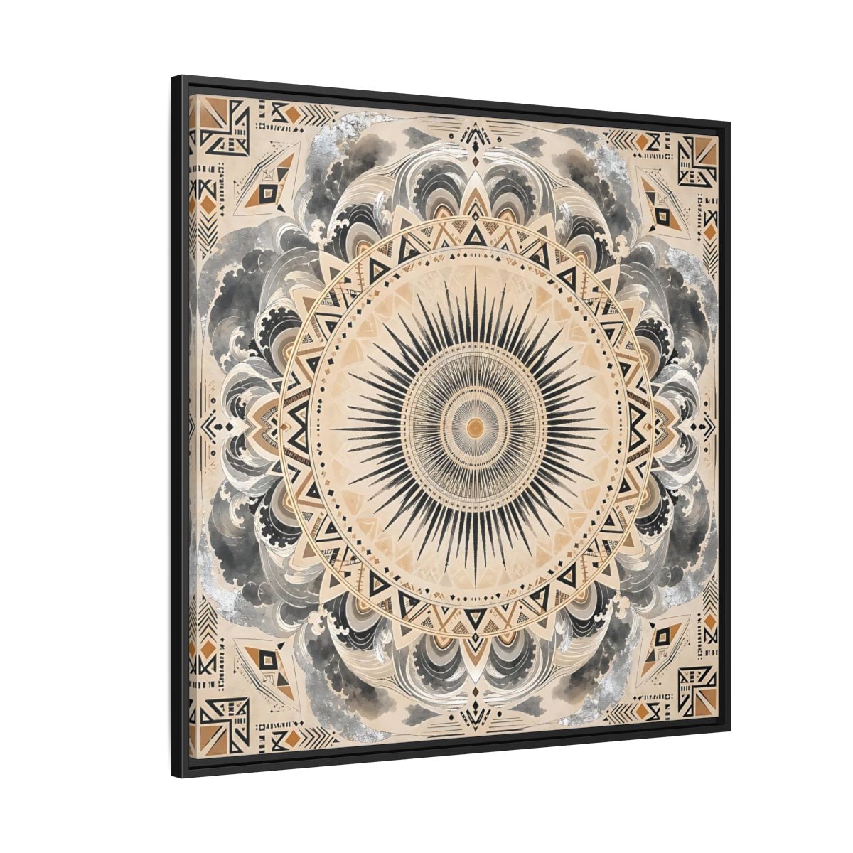 Side Mockup 6. Abstract Sunburst Mandala Black Gold Mandala shown as stretched canvas wall art