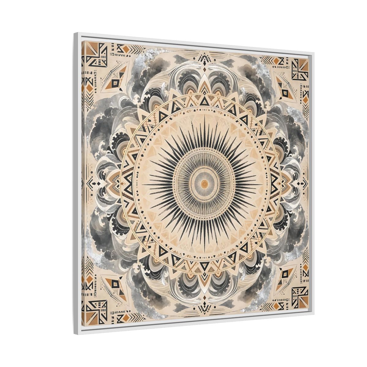 Side Mockup 4. Abstract Sunburst Mandala Black Gold Mandala shown as stretched canvas wall art