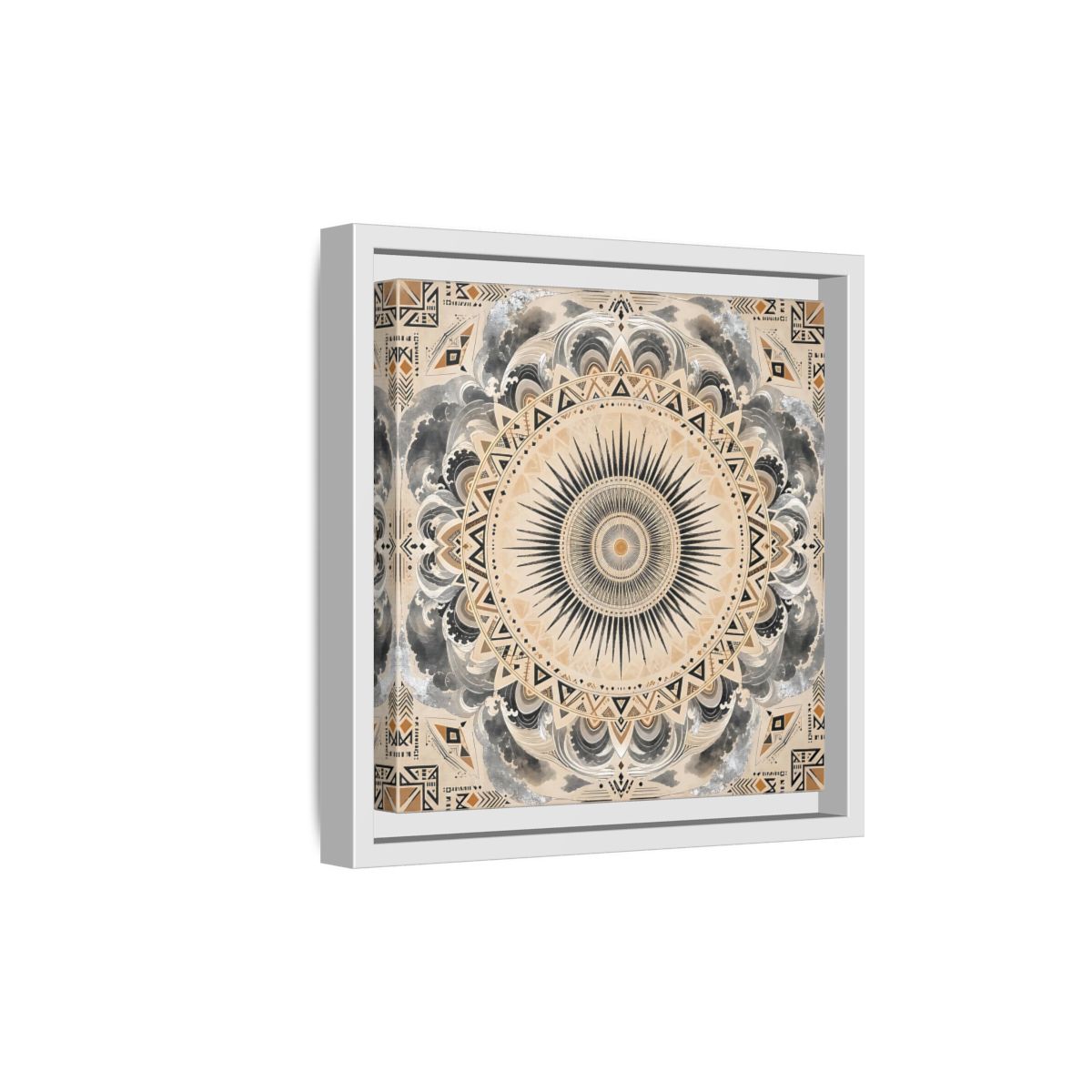 Side Mockup 19. Abstract Sunburst Mandala Black Gold Mandala shown as stretched canvas wall art