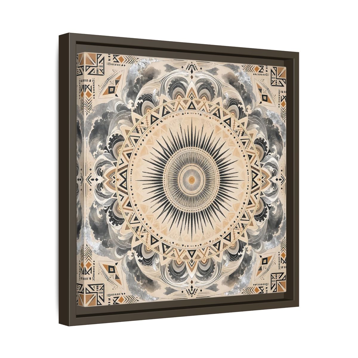 Side Mockup 29. Abstract Sunburst Mandala Black Gold Mandala shown as stretched canvas wall art