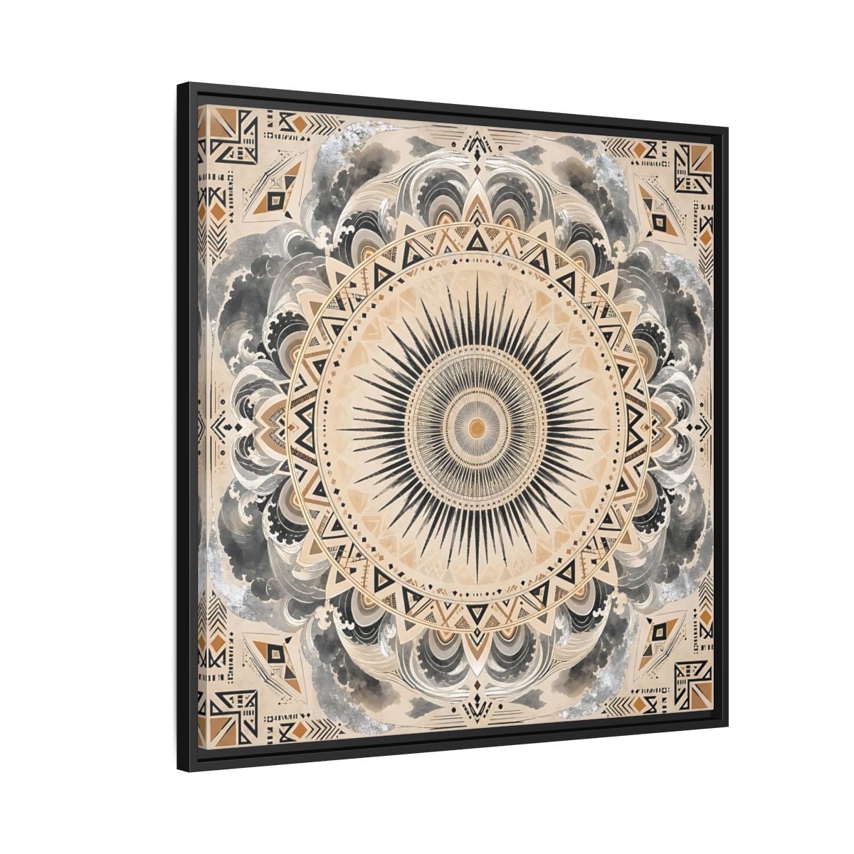 Side Mockup 9. Abstract Sunburst Mandala Black Gold Mandala shown as stretched canvas wall art