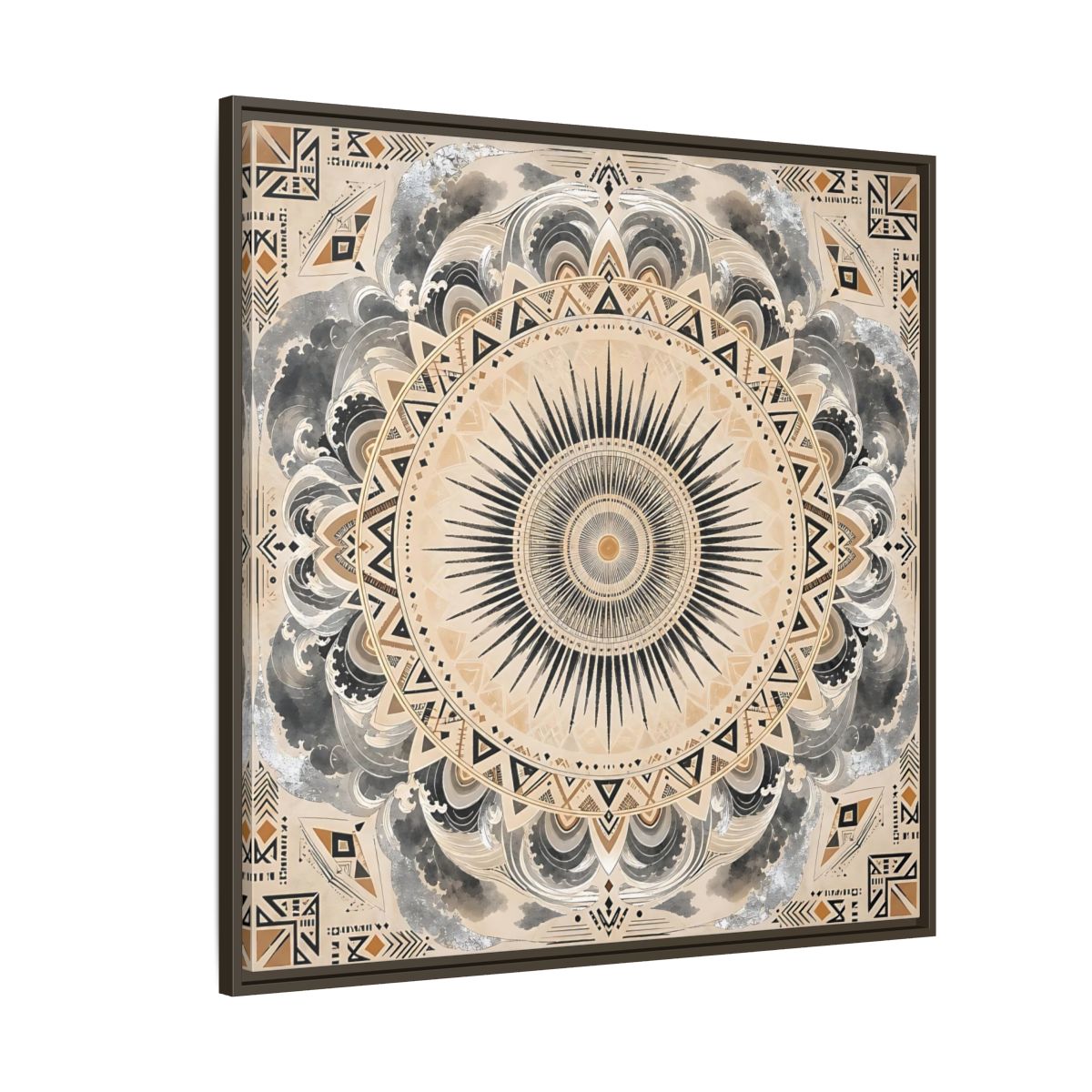 Side Mockup 5. Abstract Sunburst Mandala Black Gold Mandala shown as stretched canvas wall art