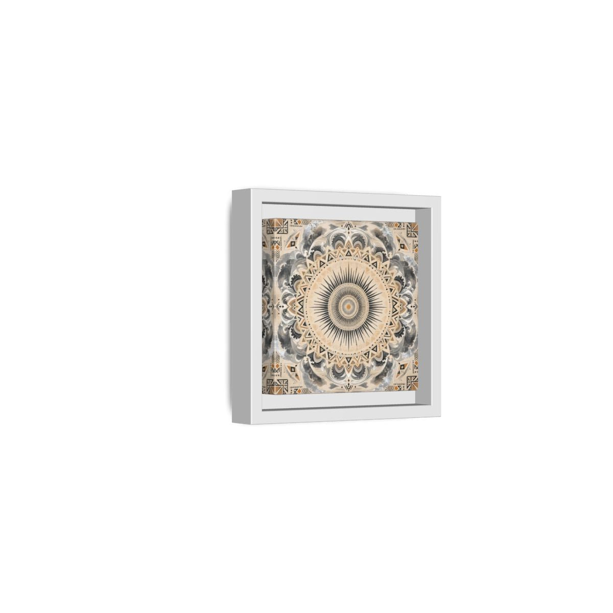 Side Mockup 22. Abstract Sunburst Mandala Black Gold Mandala shown as stretched canvas wall art