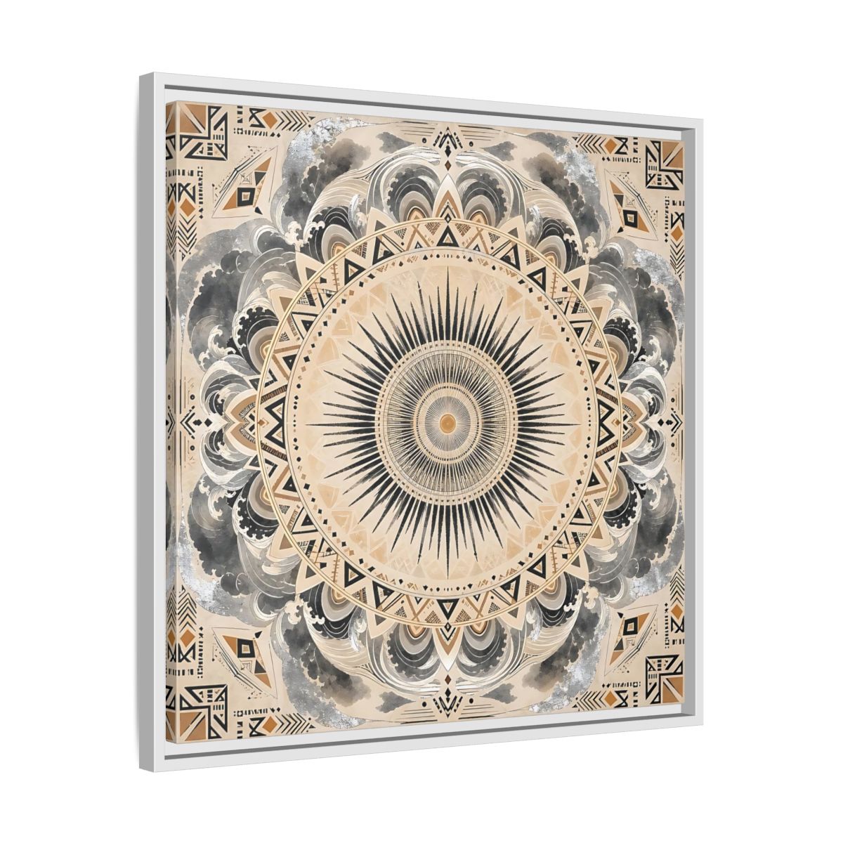 Side Mockup 26. Abstract Sunburst Mandala Black Gold Mandala shown as stretched canvas wall art