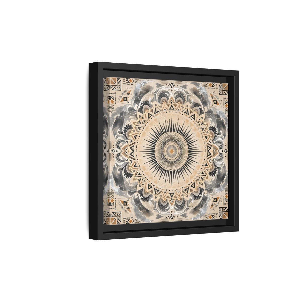 Side Mockup 21. Abstract Sunburst Mandala Black Gold Mandala shown as stretched canvas wall art