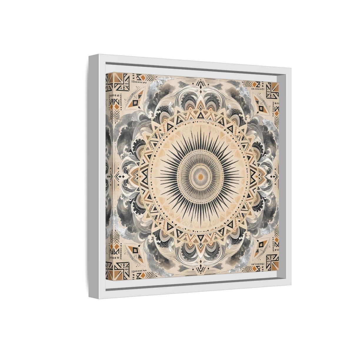 Side Mockup 16. Abstract Sunburst Mandala Black Gold Mandala shown as stretched canvas wall art