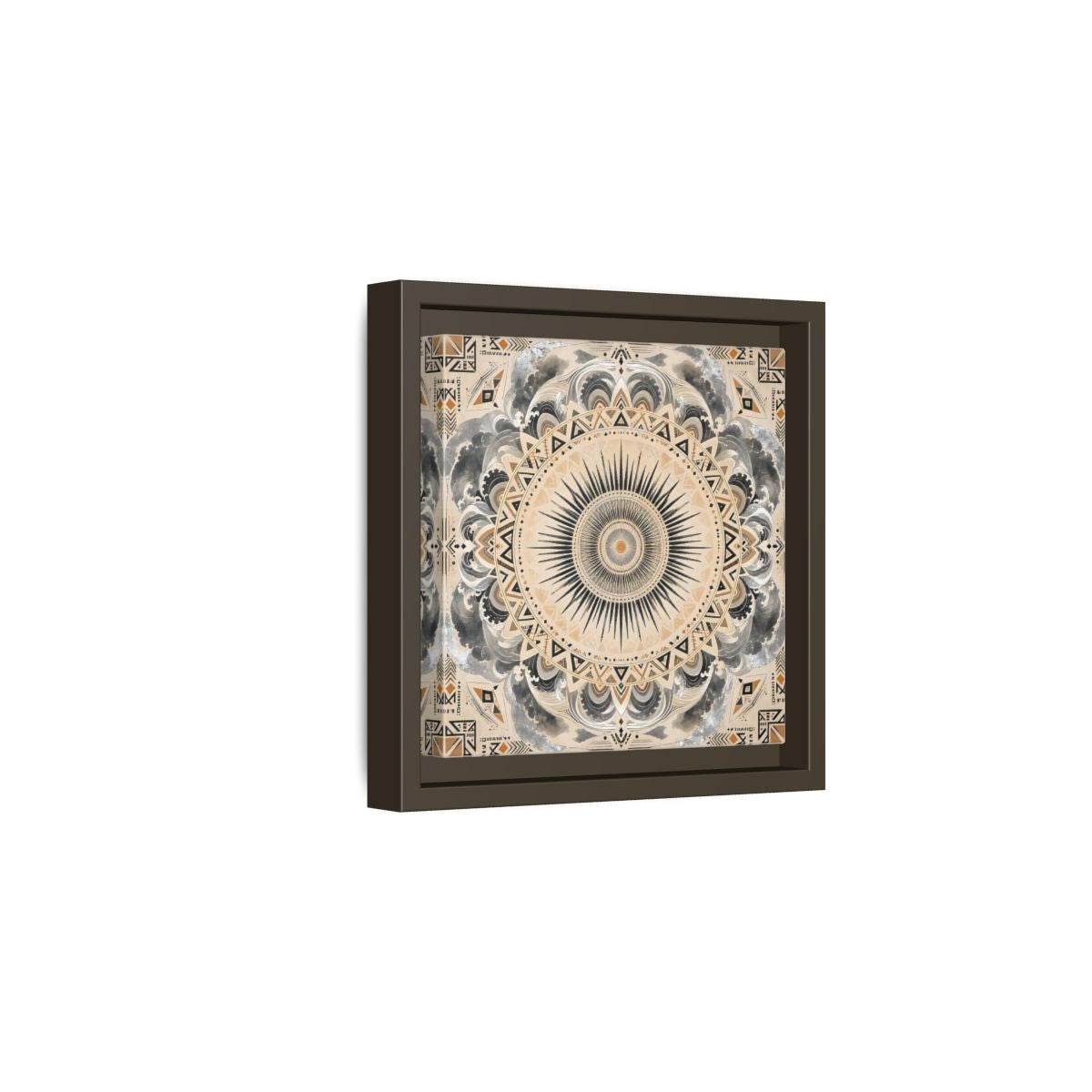 Side Mockup 2. Abstract Sunburst Mandala Black Gold Mandala shown as stretched canvas wall art