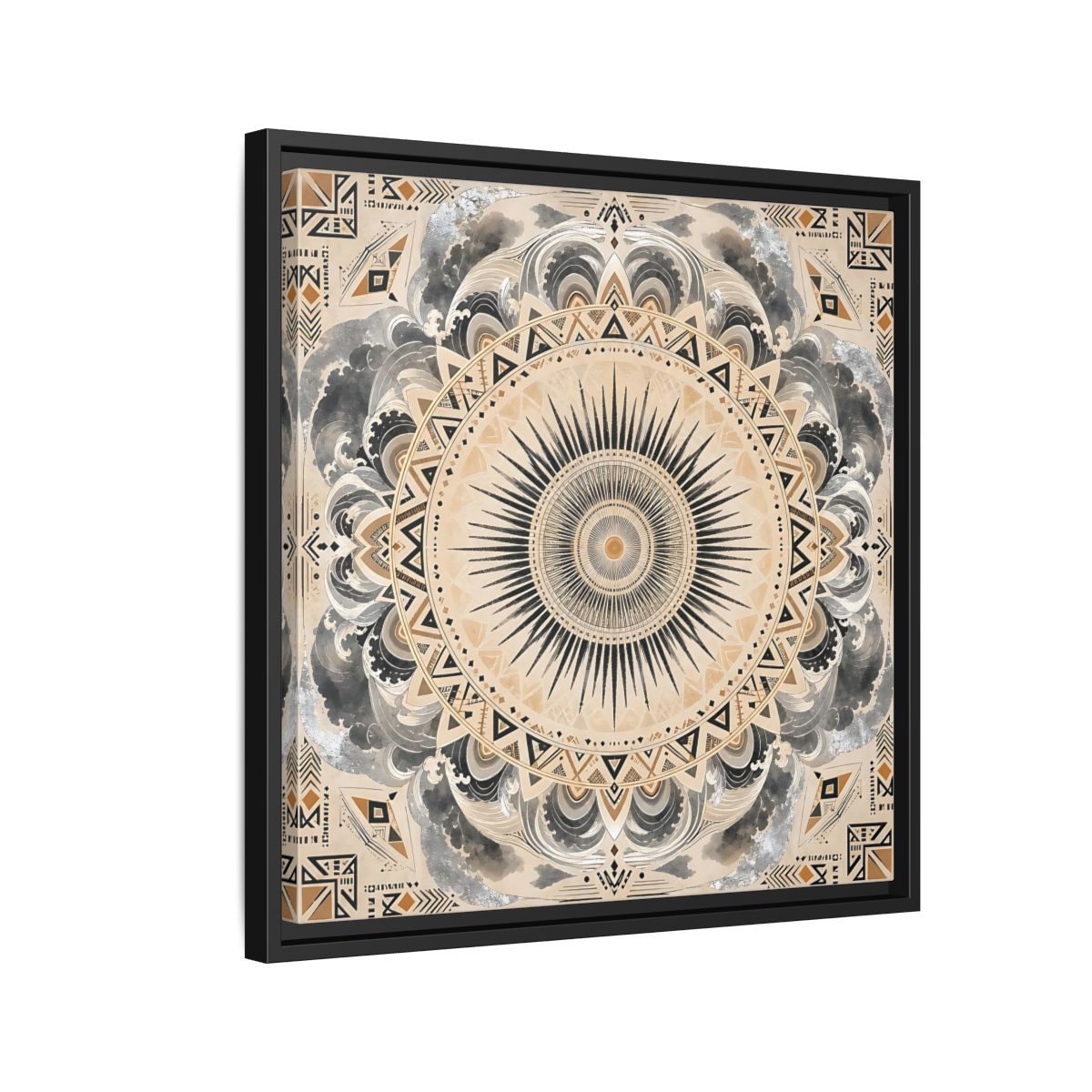 Side Mockup 12. Abstract Sunburst Mandala Black Gold Mandala shown as stretched canvas wall art