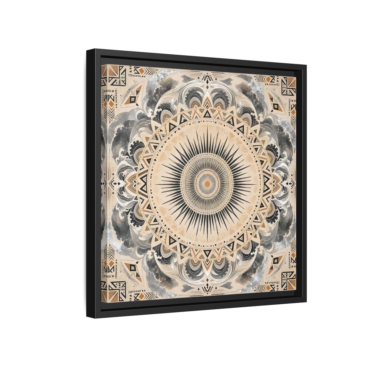 Side Mockup 15. Abstract Sunburst Mandala Black Gold Mandala shown as stretched canvas wall art