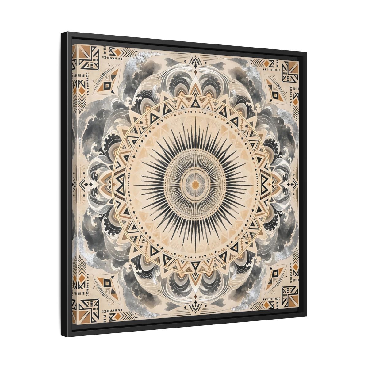 Side Mockup 31. Abstract Sunburst Mandala Black Gold Mandala shown as stretched canvas wall art