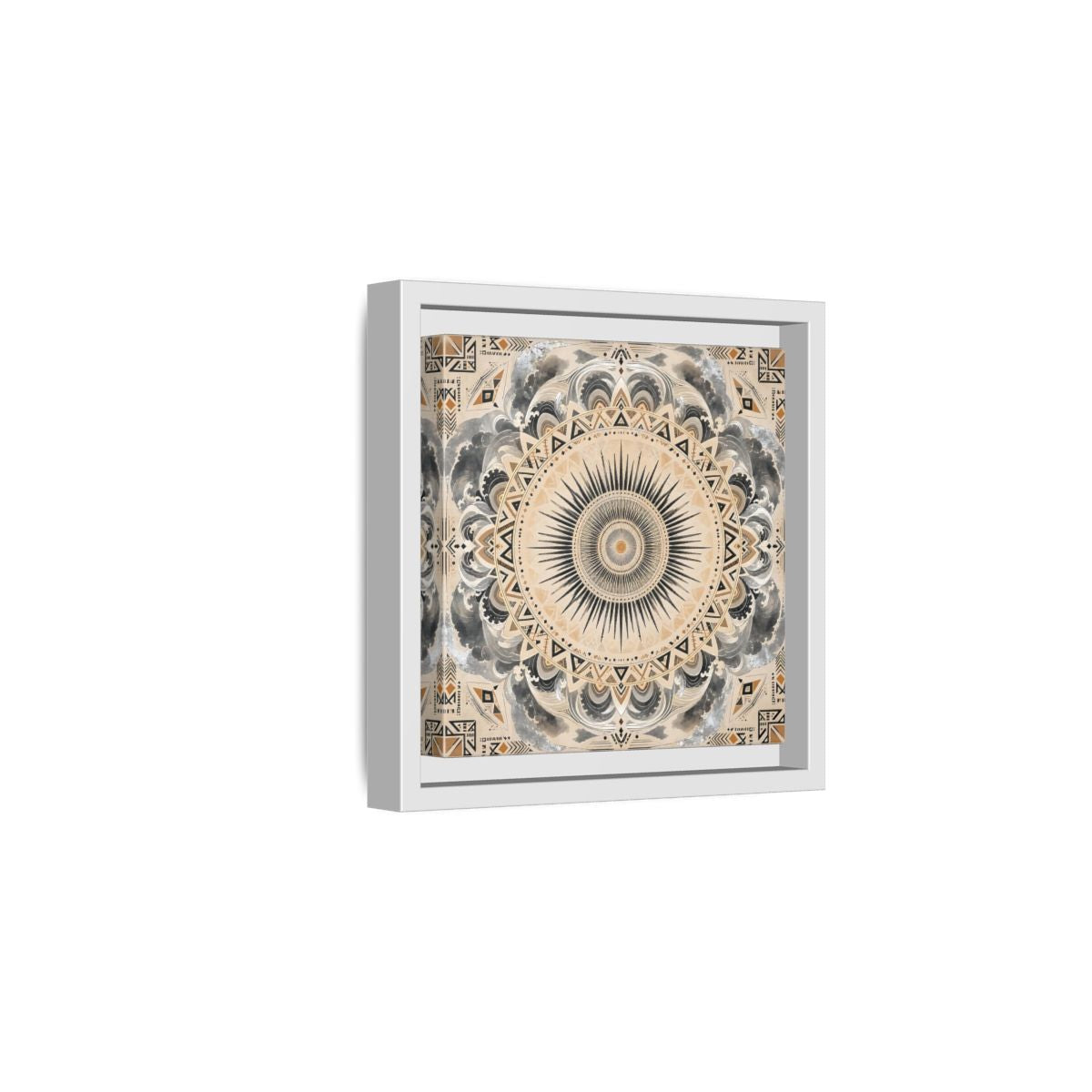 Side Mockup 1. Abstract Sunburst Mandala Black Gold Mandala shown as stretched canvas wall art