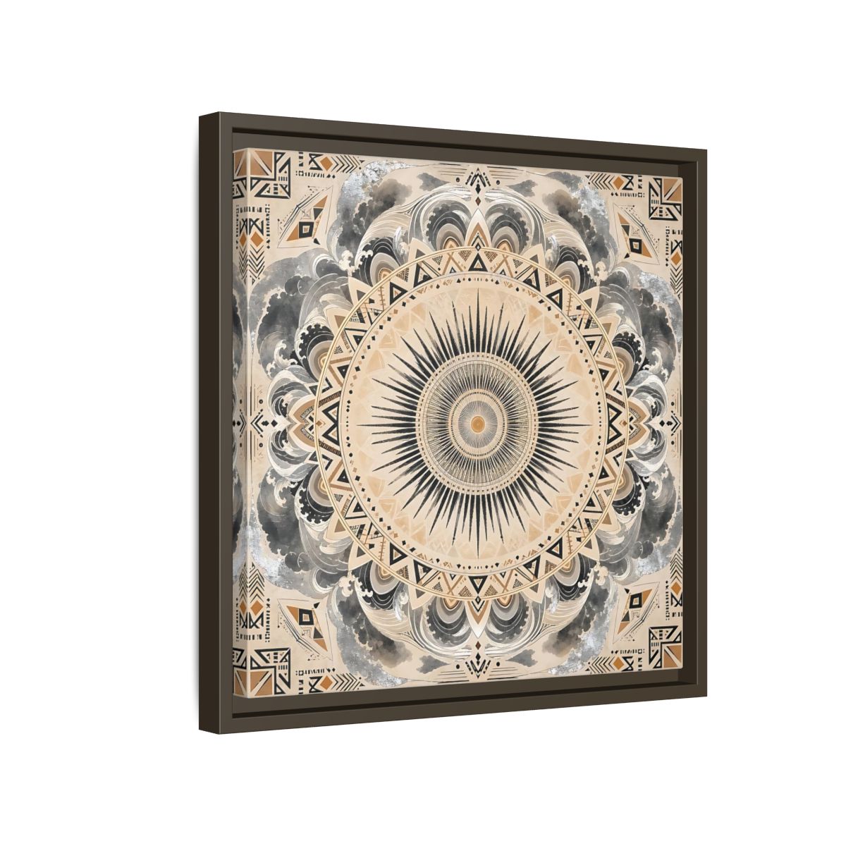 Side Mockup 14. Abstract Sunburst Mandala Black Gold Mandala shown as stretched canvas wall art