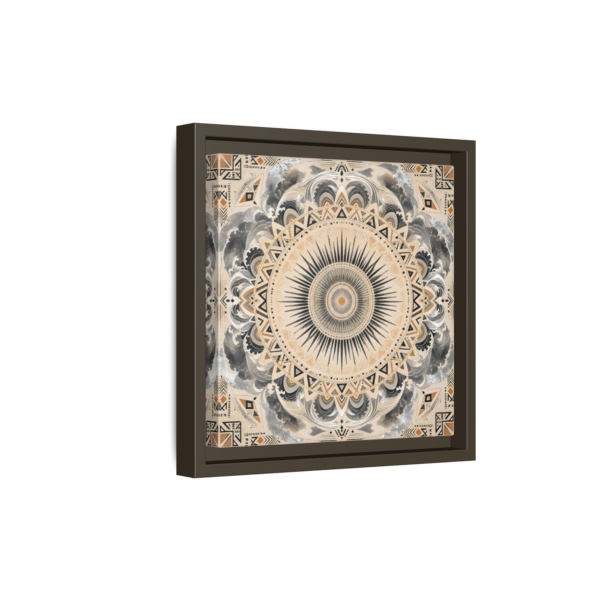 Side Mockup 20. Abstract Sunburst Mandala Black Gold Mandala shown as stretched canvas wall art