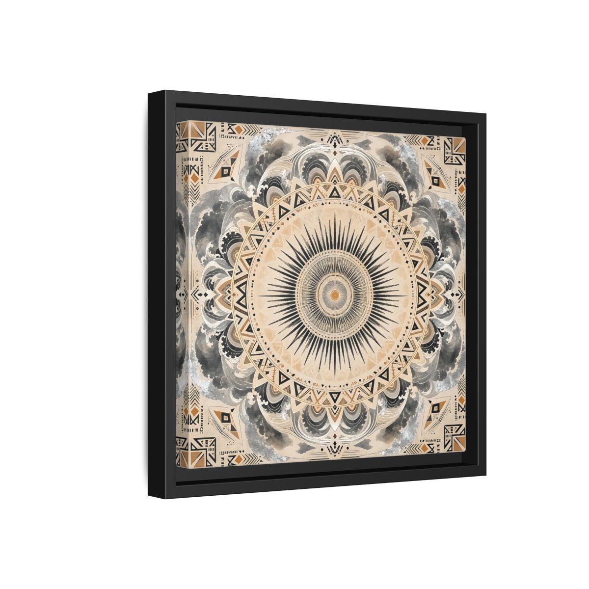 Side Mockup 18. Abstract Sunburst Mandala Black Gold Mandala shown as stretched canvas wall art