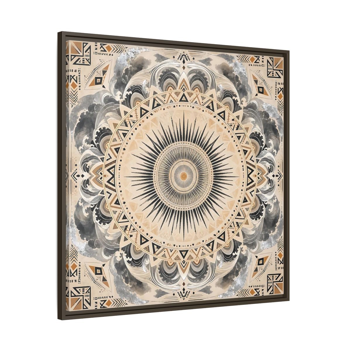 Main Mockup. Abstract Sunburst Mandala Black Gold Mandala shown as stretched canvas wall art